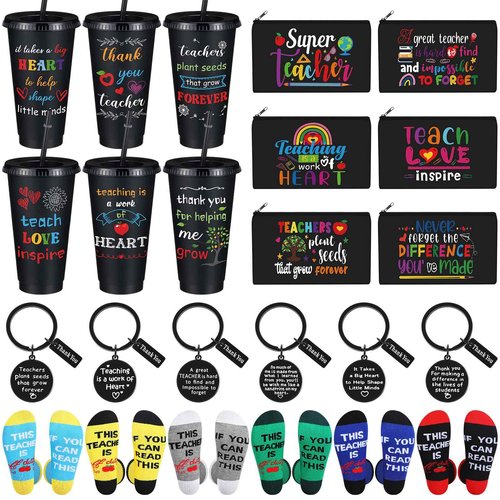 Funnymoom 24 Pcs Christmas Teacher Appreciation Gift from Students 2025 Thank You Gifts Bulk 24 oz Plastic Tumbler Cup Makeup Cosmetic Bag Crew Sock Keychain for Retirement Xmas(Classic)