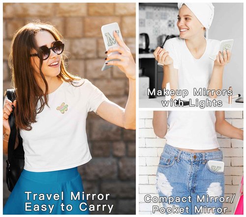 Aganmi Travel Mirror with Lights Initial 1X/2X Magnification LED Compact Mirror, Portable Pocket Mirror Small Folding Handheld Makeup Mirror Mothers Day Birthday Gifts for Women Teen Girls White G