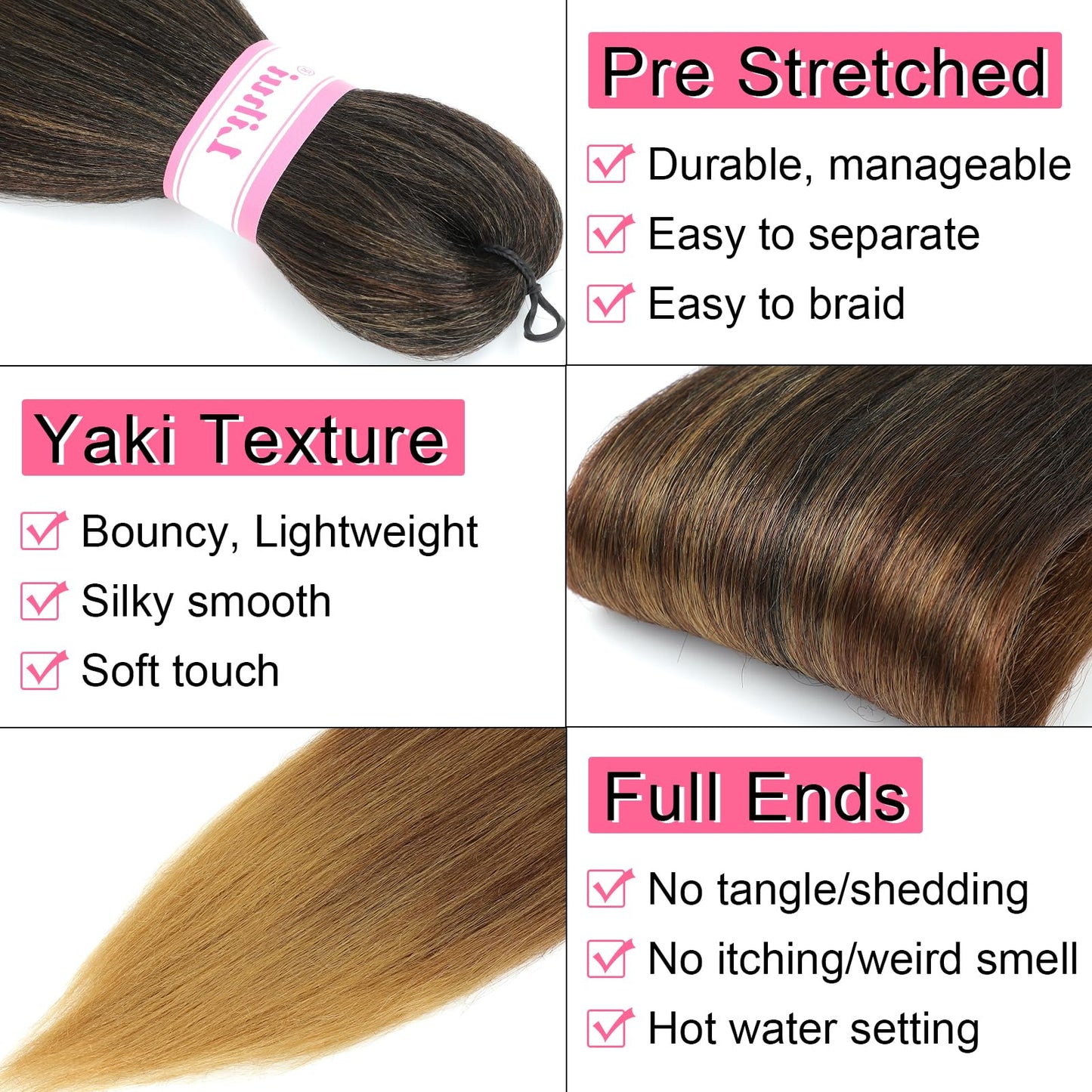 Braiding Hair Pre Stretched 26 Inch prestretched Braiding Hair Extensions For Braids Twists Crochet Long Braid Hair Synthetic Bundles Yaki Texture Hot Water Setting(1B/30/27, 6 Packs, 26 Inch)