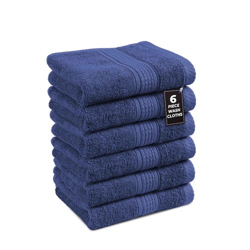 LANE LINEN Washcloths Pack of 6 - Spa & Salon Quality - 100% Ring Spun Cotton Face Cloths - Soft & Ultra Absorbent Wash Cloth Set for Body, Beauty, Home, Gym - Fingertip Towels - 13"x13", Navy Blue