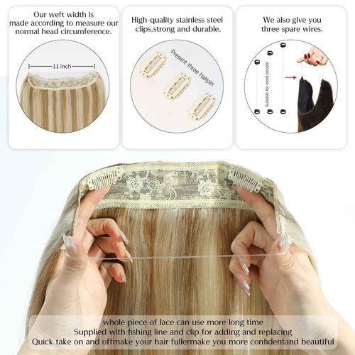 14 Inch Hair Extensions - Light Blonde to 613 Blonde Straight Human Hair With Transparent Fish Line Invisible Hairpiece - Hidden Wire