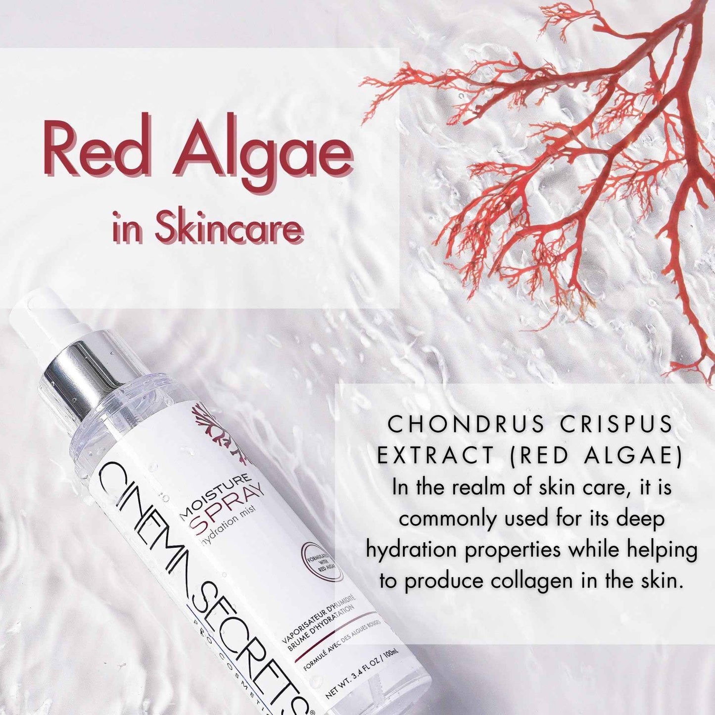CINEMA SECRETS Moisture spray+ Hydrating Mist - Red Algae Face Spray for Moisture, Skin Prep, Collagen Support, Refreshes Makeup & Soothes Dry, Sensitive Skin