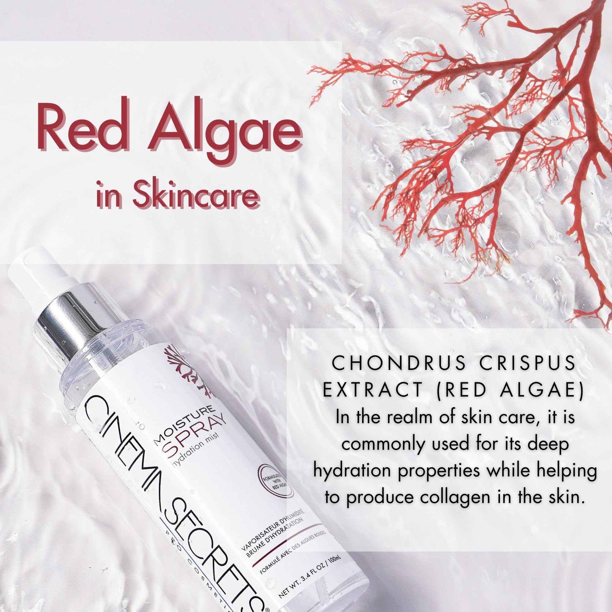 CINEMA SECRETS Moisture spray+ Hydrating Mist - Red Algae Face Spray for Moisture, Skin Prep, Collagen Support, Refreshes Makeup & Soothes Dry, Sensitive Skin
