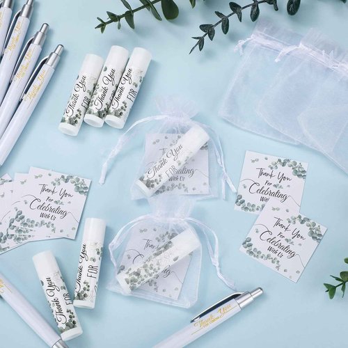 Heigble 50 Set Wedding Thank You Gifts, Thank You Lip Balm Bulk Retractable Ballpoint Pen Appreciation Card Organza Drawstring Gift Bag Bridal Shower Gift for Guest Wedding Party(Eucalyptus Leaf)