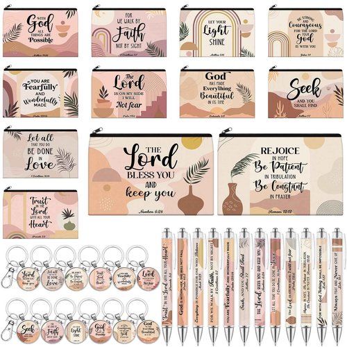 Moinchore 36 Pcs Christian Gifts for Women Bulk Christian Makeup Bags Religious Keychain Bible Verse Pens Inspirational Cosmetic Bag Pencil Pouch Boho Gifts for Christmas Church Charity Supplies