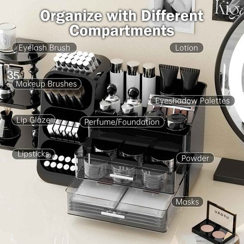 UFORU Makeup Organizer for Vanity with Brush Holder, Countertop Skincare Organizer with 2 Drawers, Spacious Cosmetic Display Case for Perfumes, Cologne, Shaving Lotion