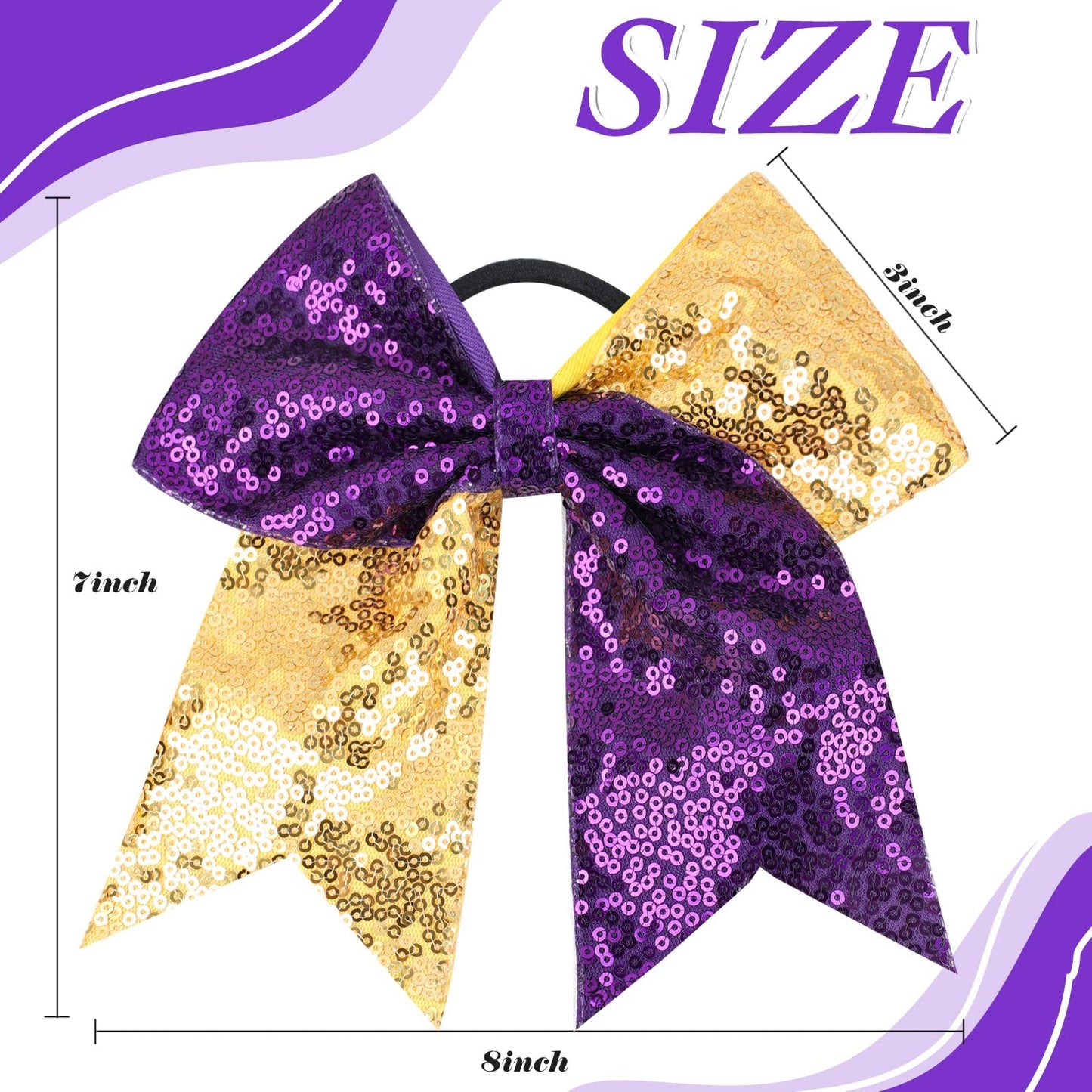 Oaoleer 12PCS 7" Sequin Glitter Cheer Bows - Large Sparkly Cheer Hair Bows for Girls - Competition Cheerleader Bows - Ponytail Holder with Elastic Band Hair Tie for Cheerleading Team Sports, Purple