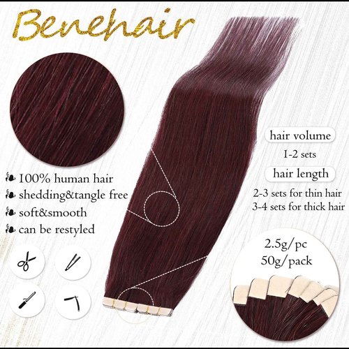 Benehair Red Tape-in Hair Extensions, 18" Human Hair, 20pcs, 50g/pack, Straight, Seamless Skin Weft, Natural, Wine Red