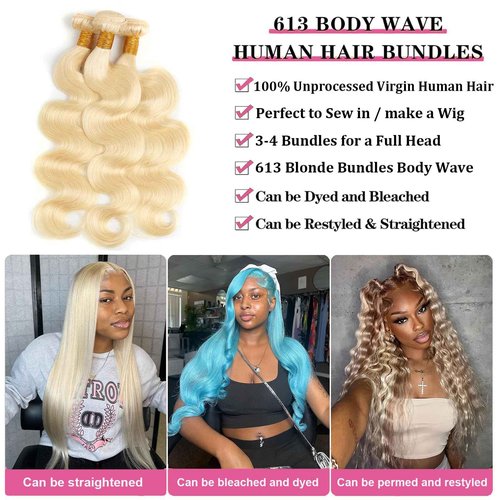 613 Blonde Body Wave Bundles Human Hair 16 inch 100% Unprocessed Virgin Human Hair Single Bundle 12A Human Hair Weave Extensions