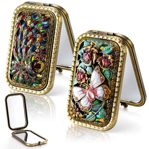 Eorbow 2 Pcs Vintage Foldable Makeup Mirror, Portable Cosmetic Pocket Mirror, Double Sided Butterfly Peacock Vanity Mirror, Metal Compact Small Folding Travel Mirror for Woman Girls