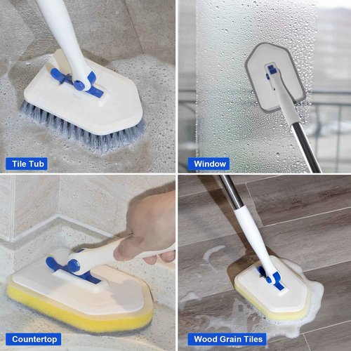 Tile Tub Scrubber Brush with 52-inch Adjustable Long Handle 3-in-1 Rotatable Shower Brush for Cleaning，3 Different Replacement Brush Heads for Cleaning Tub Tile Bathroom Kitchen Walls ，Blue