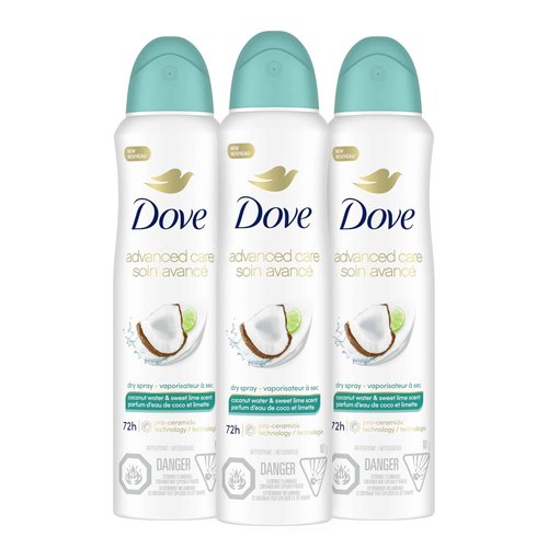 Dove Antiperspirant Deodorant Dry Spray Coconut Water & Lime scent 3ct skin repair after shaving with odor control & sweat protection Pro Ceramide Technology to boost ceramide levels in skin 3.8 oz