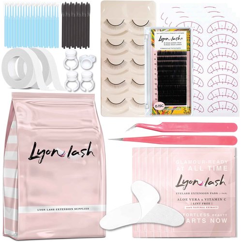 Lyon Lash Eyelash Extension Supplies 4x100 Packs - 100 Pairs Under Eye Gel Pads | 100 Disposable Mascara Brushes Wands | 100 Micro Applicators Brush | 100 Glue Ring Holder | 2 Medical Tapes