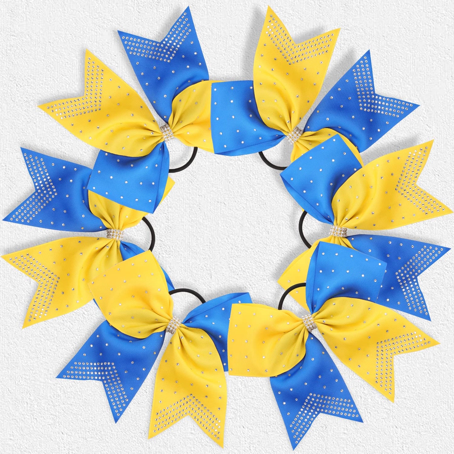 6PCS 8" Large Cheer Hair Bows Ponytail Holder, Rhinestones Cheerleader Bows with Elastic Band Hair Tie Handmade for Cheerleading Teen Girls College Sports (Yellow/Royal Blue)