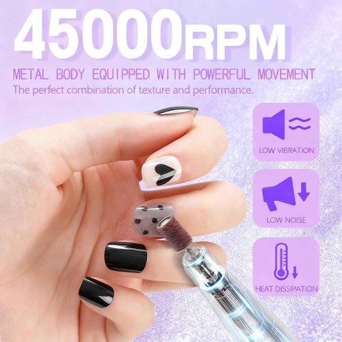 Kylara Electric Nail Drill Professional,45000RPM Portable Nail Drill Kit Cordless E Filer for Acrylic Gel Nails Polishing Removing with LED Display,Low Noise Electric Nail File for Salon&Home