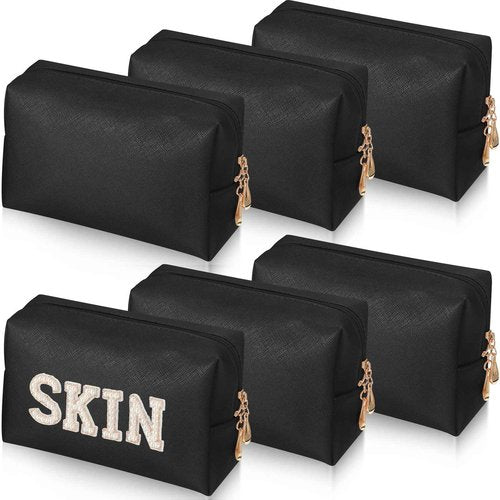 Gerrii 6 Pcs Preppy Patch Makeup Bag PU Leather Cosmetic Bag Waterproof Neat Travel Toiletry Pouch Portable Makeup Bag for Women Friends Cosmetic Organizer Travel Toiletry Pencil Case (Black)