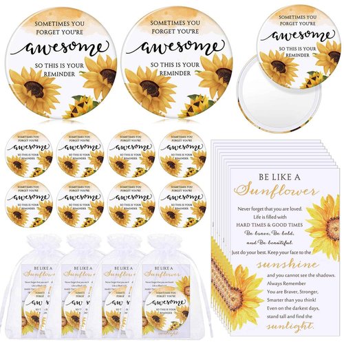 Cinnvoice 25 Set Inspirational Compact Mirror Bulk Christmas Appreciation Gift for Women Mini Makeup Pocket Mirror with Motivational Cards for Thanksgiving Coworker Employee Nurse Friends (Sunflower)