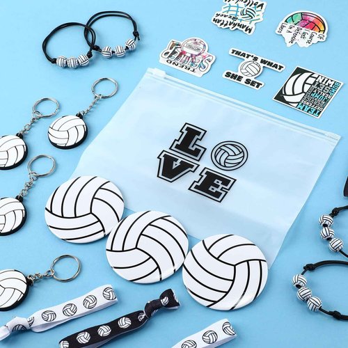 JaGely 110 Pcs Volleyball Party Favors Bulk Volleyball Gifts Accessories, Including Bracelet Mirrors Keychain Makeup Bag Hair Ties and Stickers Sports Theme Party Supplies for Girls Women Teammates