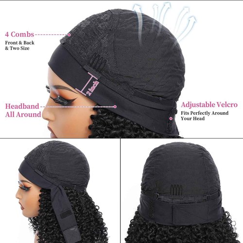 Urbeauty Short Kinky Curly Headband Wigs for Black Women Human Hair Soft Feeling Protein Silk Synthetic Hair Soft Lightweight Glueless Quick Install, Beginner Friendly Daily & Flip Over Wig