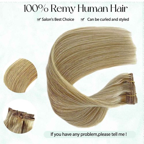 Remy Clip in Hair Extensions Human Hair Blonde Highlights Clip ins Real Human Hair Extensions Balayage Hair Extensions Soft & Natural Human Hair Clip in Extensions for Women 16 Inch 7pcs 70g