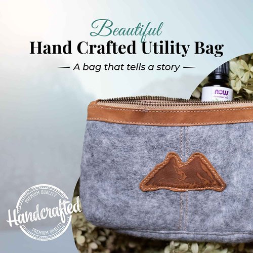 Mountain Made Wool and Pure Leather Luxury Travelers Small Cosmetic Bag, Toiletries, or Utility Bag For Students, Women and Men. Perfect size to fit inside your purse.