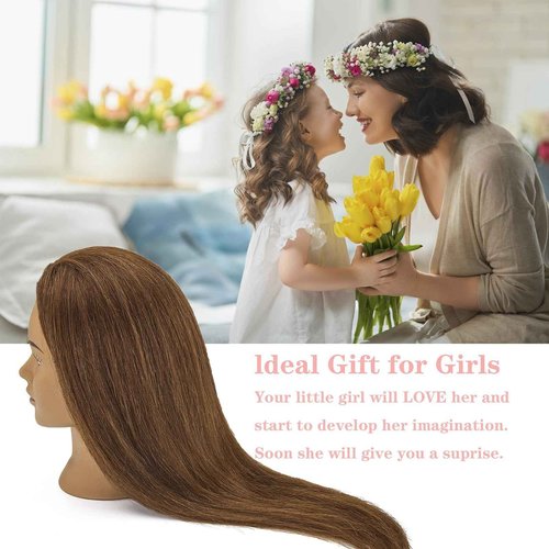 100% Human Hair Mannequin Head Hair Styling Training Head Cosmetology Manikin Head Doll Head for Hairdresser with Clamp Holder and Tools