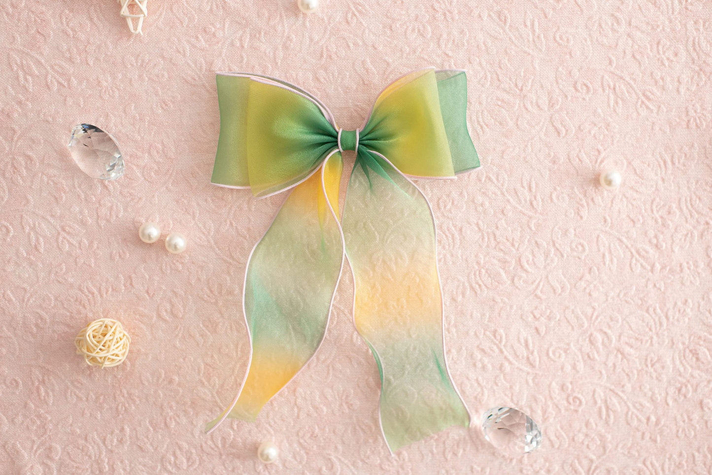 Summer Crystal Organza Large Bow Alligator Hair Clip - Long Ribbons - For Girls and Women - Ideal Hair Accessory for Birthdays, Daily Wear, Holidays, and Parties (Organza Melon)