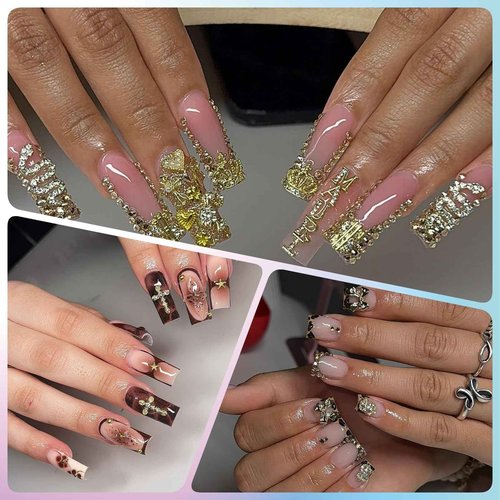 OPMADM 64 Pcs Gold Nail Charms and Gems Y2k Charms for Nails Design Metal Nail Jewels for Nail Art 3D Nail Bow Cherry Butterfly Star Cross Heart Money
