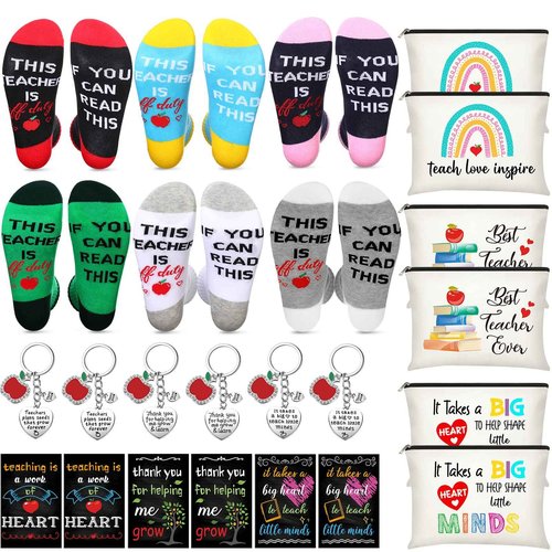 24 Pieces Women Teacher Appreciation Thank You Gift Set, Socks, Makeup Bags, Inspirational Notepads, Keychains for Christmas(Delicate)