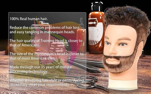 Stancia Mannequin Head, Male Mannequin Head Especially for Barber, Training Head with 14” 100% Human Hair, Manikin Head for Hair Styling and Practice (with Beard)