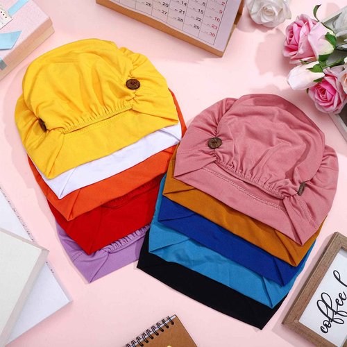 Geyoga 10 Pcs Soft Bouffant Caps with Buttons, Gourd-Shape Caps Stretch Bouffant Hat Stretchy Headband Turban (Bright Colors)