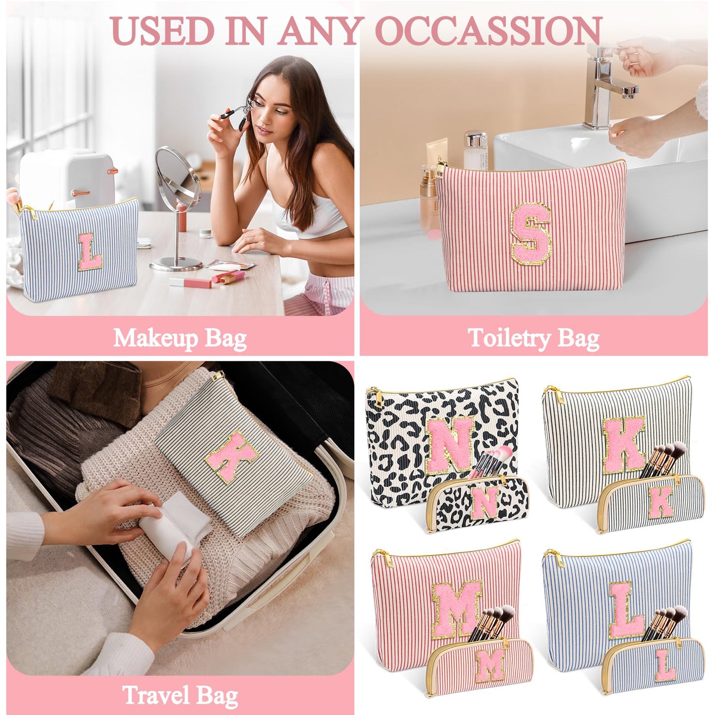 Personalized Initial Cute Pink Cosmetic Bag for Women, Graduation Gifts Makeup Pouch Organizer Bag for Girls 10-14, Travel Toiletry Bag for Her Mom Girlfriend Wife Teacher Birthday Gifts, Leopard K