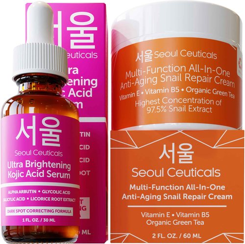 SeoulCeuticals Kojic Acid Serum + Snail Mucin Cream - Korean Anti Aging Skincare Set