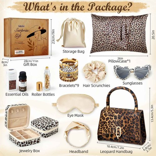 Golray Gifts for Teen Girls - 19Pcs Teenager Gifts Basket with Brown Leopard Satin Pillowcase/Handbag, Christmas Birthday Gift Set for Women Daughter Sister Niece Tween Girl Kid Toy Age 10 12-18+