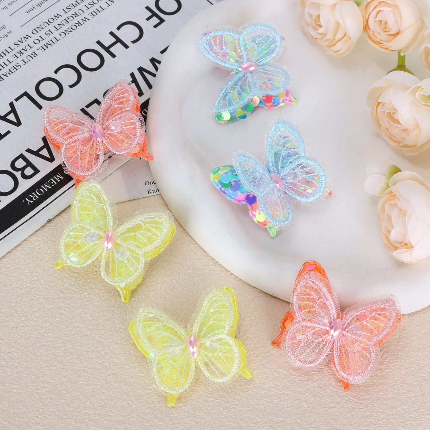 Butterfly Hair Clips 1.7 inch 6 PCS Lace Hair Embroidery Butterfly Hair Pins Hair Accessories for Halloween Cosplaying Women Girls Teens Hawaii Hair Clips.Yellow&Orange&Blue