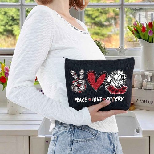 LEVLO Horror Movie Cosmetic Bag Horror Bride Fans Gifts Peace Love Movie Makeup Zipper Pouch Bag For Andy & Mike Fans (Peace Chuc Black)