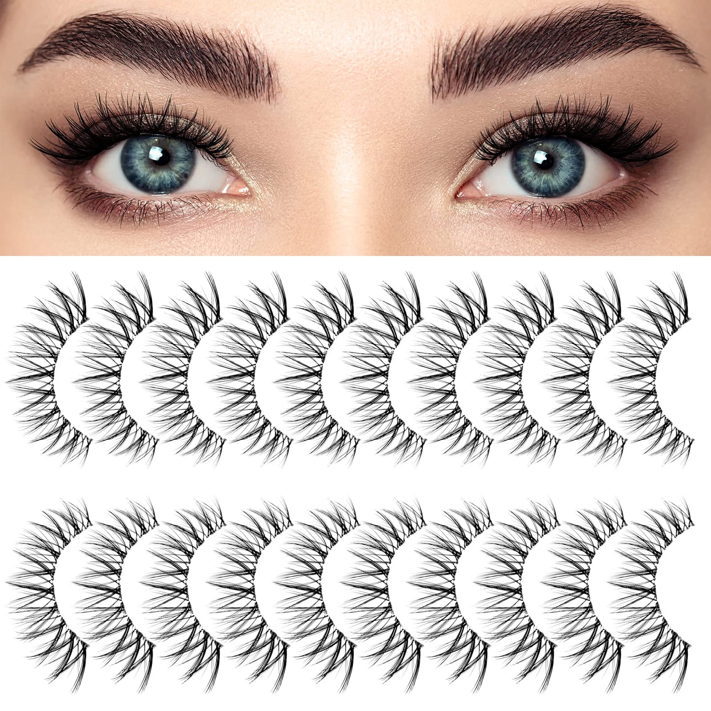 Bershnor False Lashes 3D Cat-Eye Volume Eyelashes Clear Band Lashes Natural Look Faux Mink Invisible Strip Wispy Fake Lashes 10 Pairs