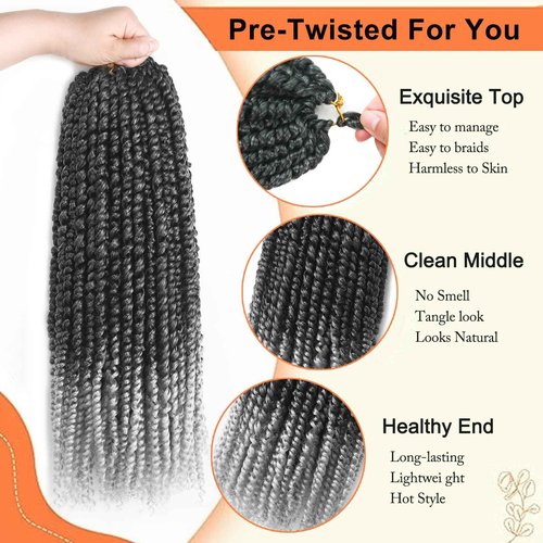 8 Packs Passion Twist Hair 24 Inch Pre-twisted Crochet Passion Twist Hair Ombre Grey Synthetic Pre Looped Passion Twist Crochet Braids Bohemian Crochet Hair