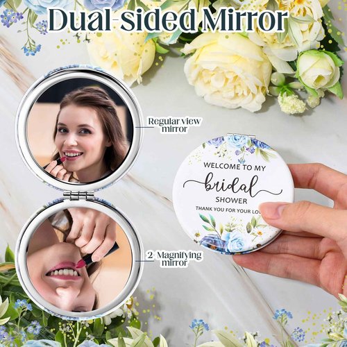 XunYee 30 Sets Bridal Shower Favors for Guests Flower Design Makeup Mirrors Leather Compact Mirrors Bridal Thank You Cards with Organza Bags Bridesmaid Gifts Wedding Party Favors Supplies (Blue)