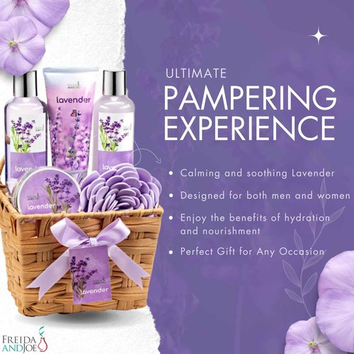 Lavender Bath and Body 6 Piece Gift Set in A Wicker Basket Calm & Relaxing Lavender Spa Gift Set for Women – Perfect Self-Care Gift for Holidays, Birthdays & Special Occasions