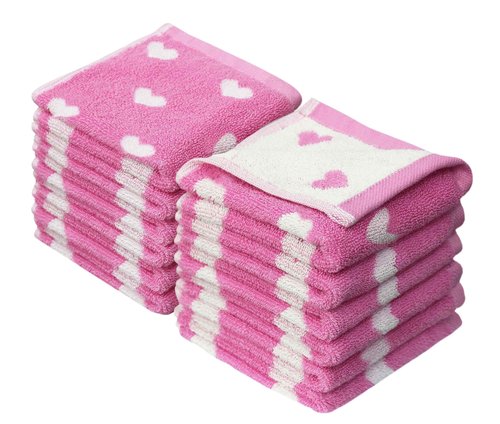 ORIGINAL KIDS Wash Cloth - Bath Time Hearts 12 Pack Washcloth Set - 100% Cotton Jacquard Colorful Absorbent Quick Dry Face Towel - Super Soft Face Cloth 12x12 inches - Pink White