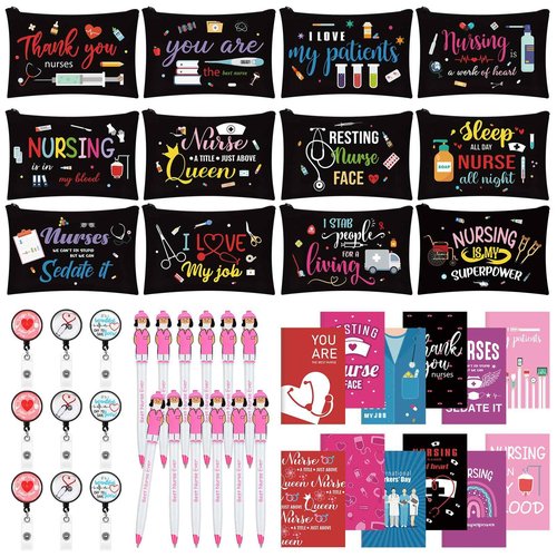 Yeaqee 48 Pcs Nurse Christmas Appreciation Gifts Set Bulk Include Makeup Cosmetic Bag Pocket Journal Notebooks Ballpoint Pen Badge Reel for Christmas Women Rn Assistant Student(Black,Nursing)