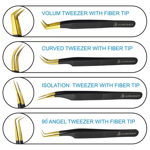 BEAUTICS Alishba Beauty Eyelash Extension Tweezers, Precision Fiber Tip Grip Japanese Stainless Steel Profiessional (Set of 4 Eyelash Tweezer) (BLACK GOLD)