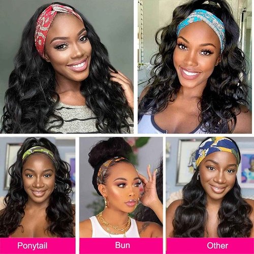 catti Headband Wig Human Hair Body Wave Headband Wigs for Black Women Brazilian Virgin Hair Glueless None Lace Front Half Wigs Human Hair Wear and Go Headband Wigs 150% Density (18" Headband wigs)