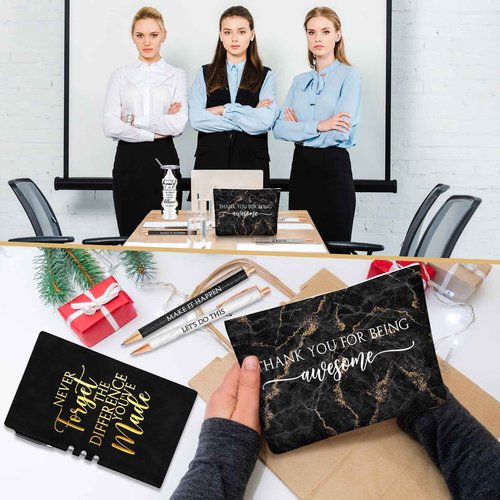 Domensi 6 Pcs Employee Appreciation Gift Set for Women Female Christmas Thank You Gift May You Be Proud 20 oz Rustic Marble Sign Tumbler Makeup Bag Journal for Teacher Nurse Lady Work Business(Black)