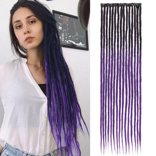 Leeven Clip In Synthetic Dreadlock Extensions 24 Inch 5 PCS Ombre Purple 15 Strands Hippe Dreads Handmade Soft Reggae Style Loc Extensions for Women Men