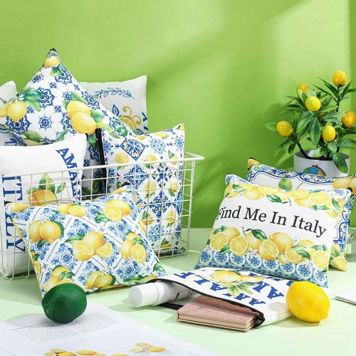 Sunnymove 9 Pcs Amalfi Coast Cosmetic Bag Italy Lemons Canvas Makeup Bags Romantic Lemon Themed Travel Pouch Souvenir Gift for Women Girls Bachelorette Friend Birthday