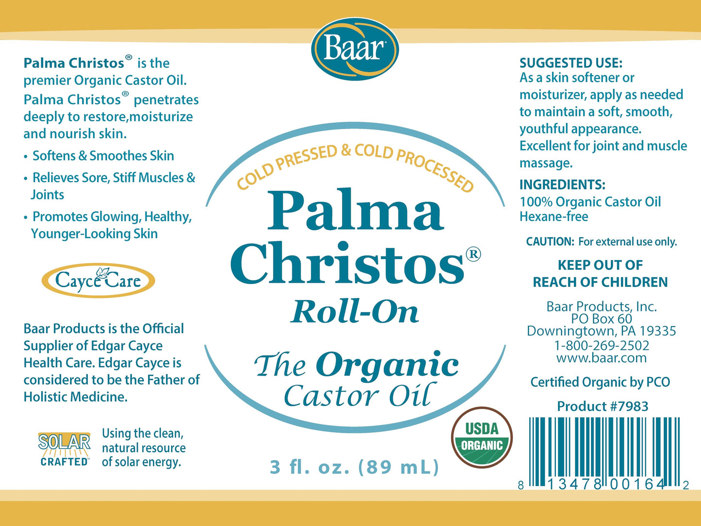 Palma Christos Roll-On, Organic Castor Oil 3 oz