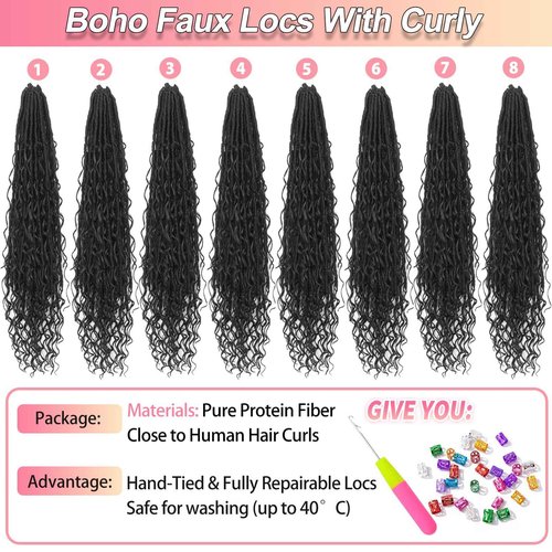 Boho Faux Locs Crochet Hair 24 Inch Goddess Locs 8 Packs Boho Soft Locs Crochet Hair with Curly Ends Pre-looped Long Bohemian River Locs for Black Women (1B, 24 Inch(Pack of 8))