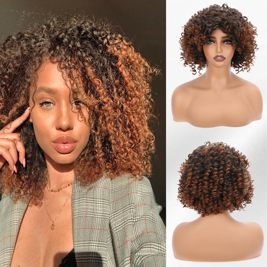 ihkwlma Afro Kinky Curly Wigs for Black Women Glueless Synthetic Short Curly Afro Wig with Bangs Ombre Brown 12 Inch